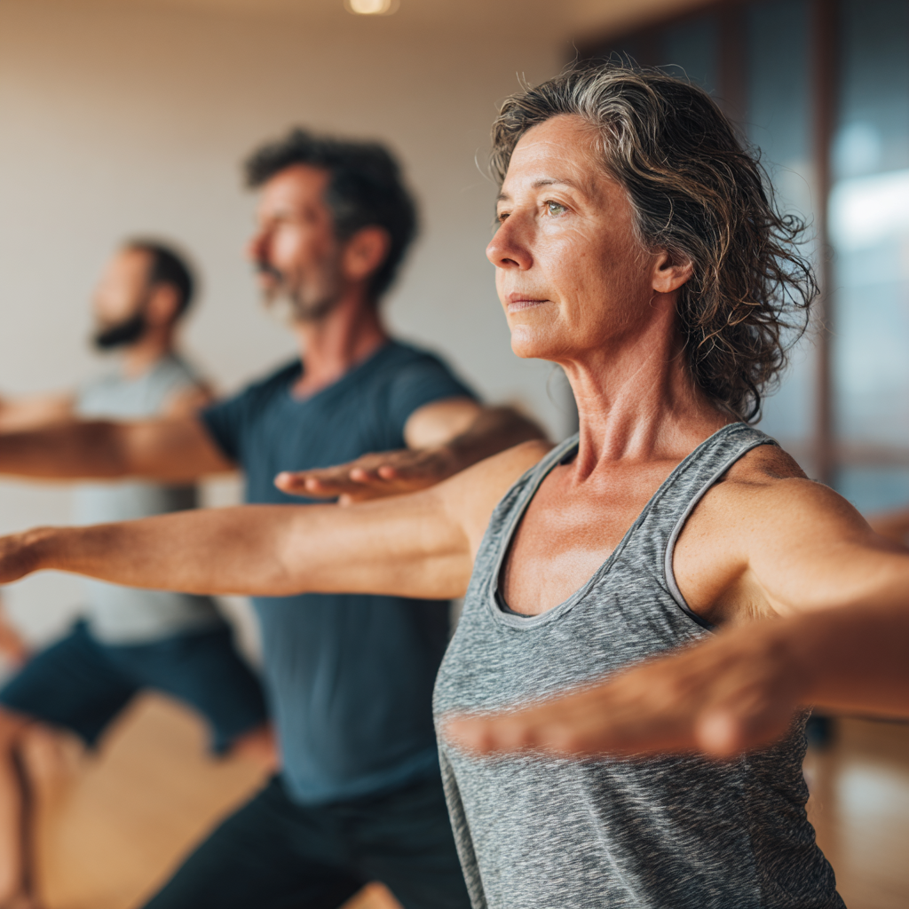 Middle-aged adults practicing mindful movement in clastiro studio with natural lighting